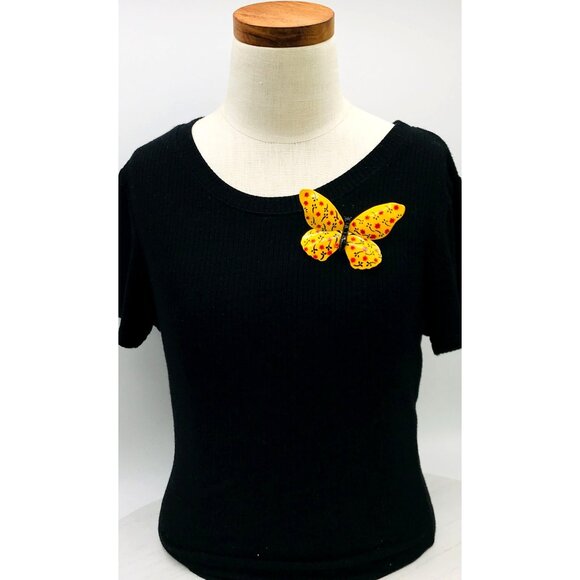 Vintage Yellow Butterfly Brooch Pin With Hand-Painted Red & Black Floral Design - Picture 2 of 5